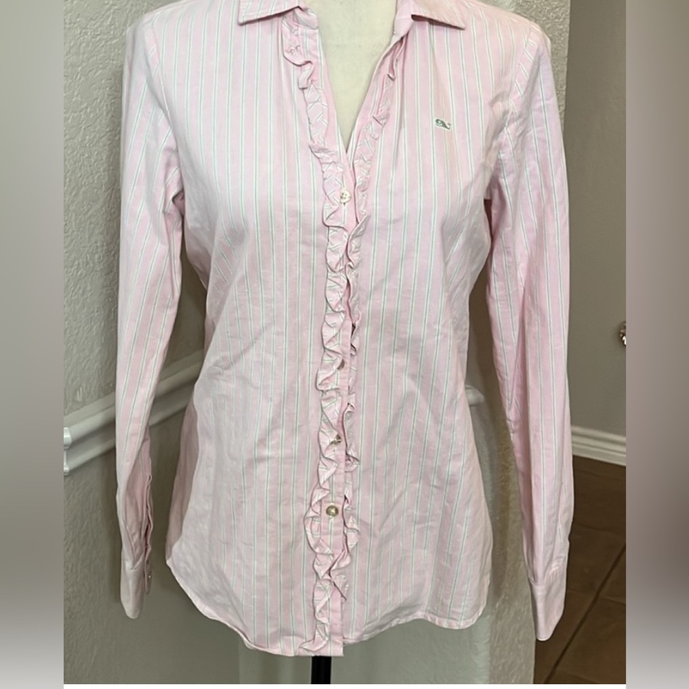 Vineyard Vines NWT SIZE 4 Oxford, pink-mint green pinstripe button-down ruffle